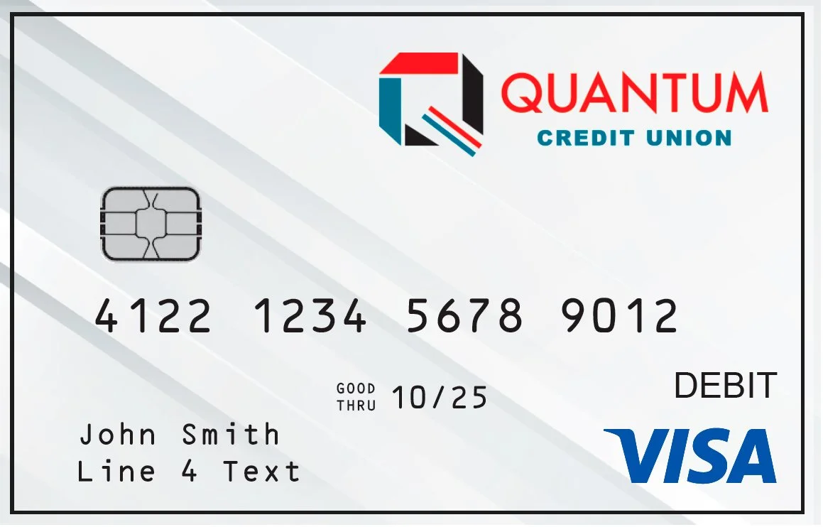 Silver Quantum Credit Union Visa Debit Card with grey diagonal stripes. Features the Quantum logo, EMV chip, and "DEBIT" text.