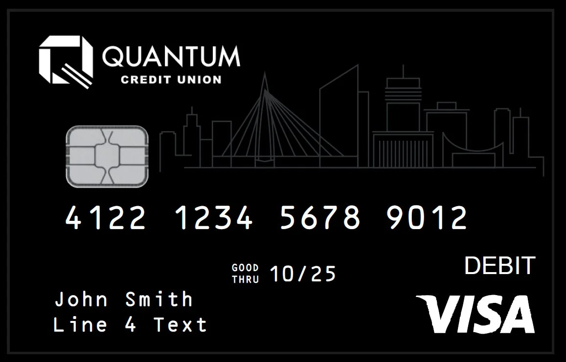 Black Quantum Credit Union Visa Debit Card featuring a white city skyline and bridge illustration. Includes the white Quantum logo, EMV chip