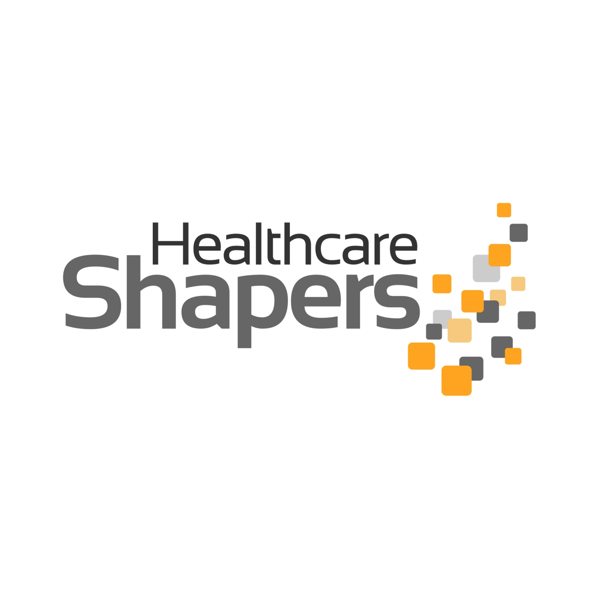 Healthcare shapers logo with black, gray, orange, and beige squares around the text.