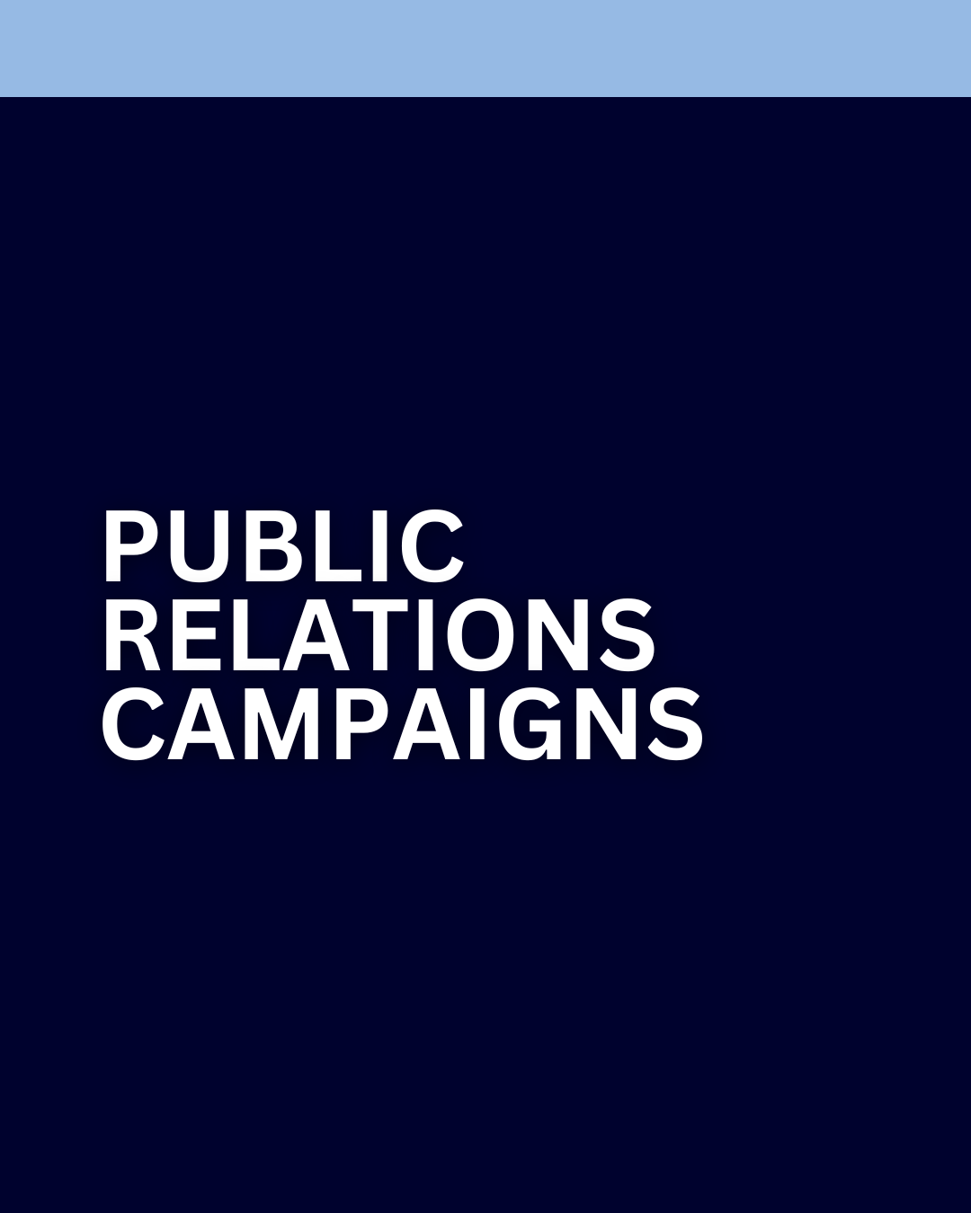 Cover of a booklet or report titled 'Public Relations Campaigns' with a dark blue background and white text.