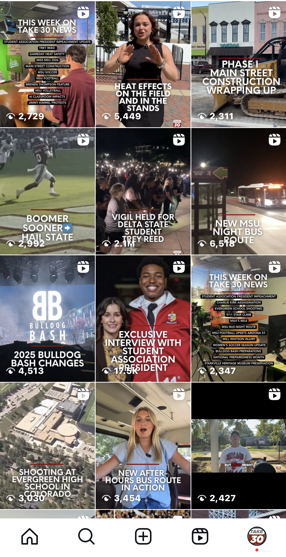 Screenshot of multiple videos from a TikTok-style platform, featuring news updates, student protests, school construction, sports, community events, interviews, and school related activities at MSU.