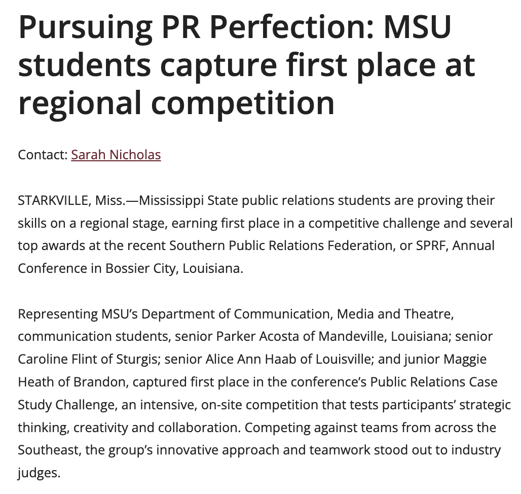 Headline about MSU students winning first place in a regional public relations competition. Includes contact info for Sarah Nicholas and details about the event, participants, and awards.