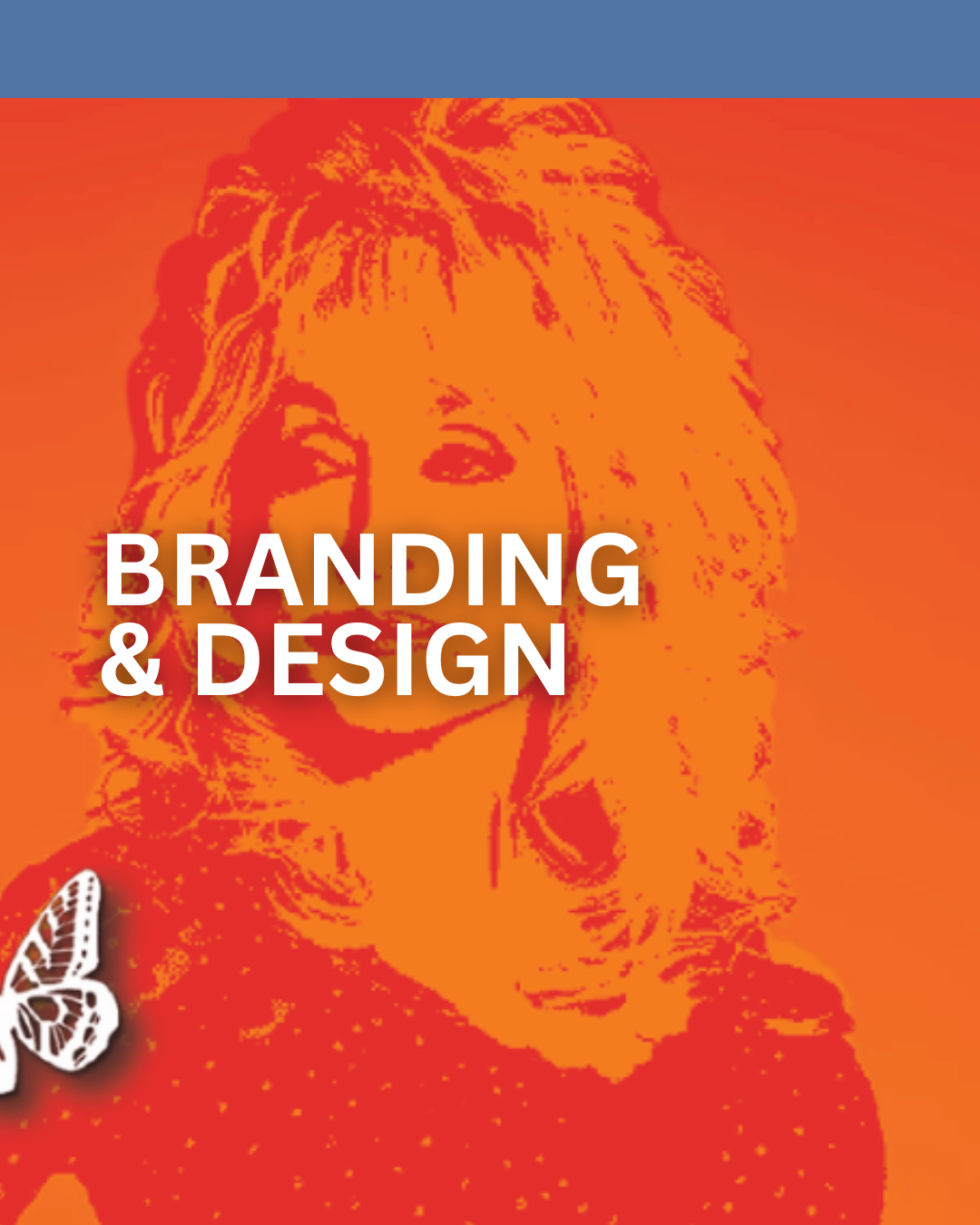 Book cover with orange and red background featuring a stylized image of a woman with curly hair, butterfly illustration, and the text 'Branding & Design'.