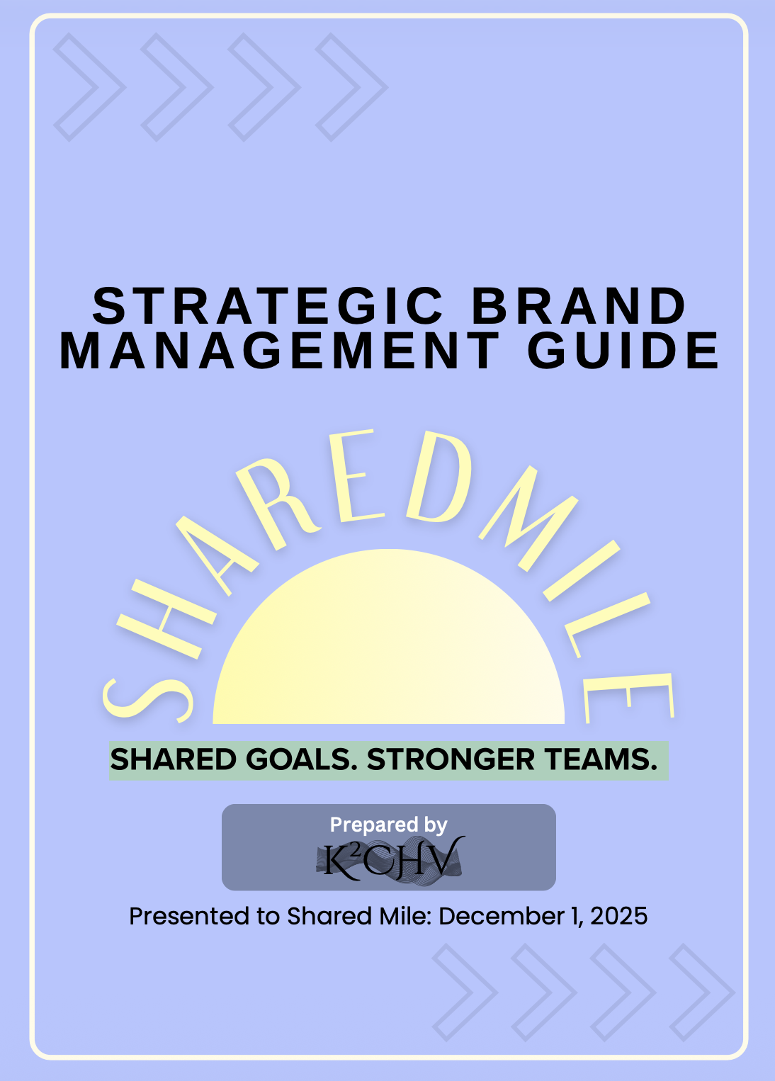 Cover page of a strategic brand management guide titled 'Sharedmile' with a sunrise graphic, and text indicating it was prepared by K2CHV for Shared Mile on December 1, 2025.