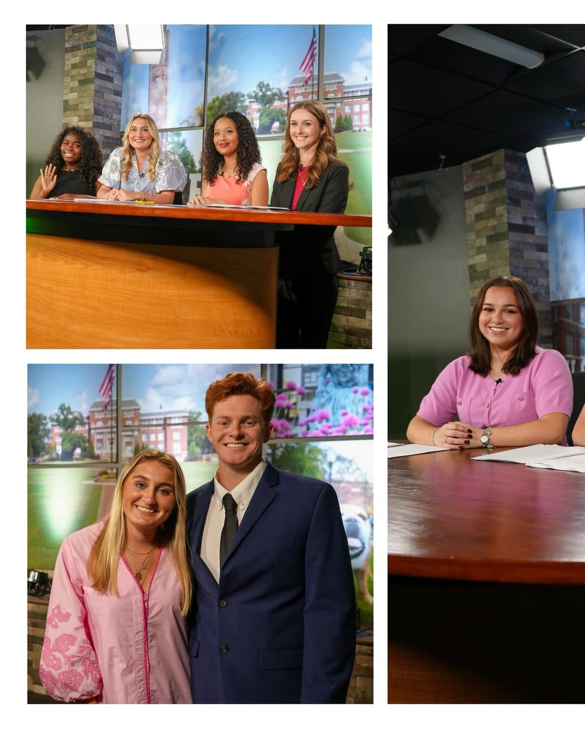 Group of news anchors at a news desk in a studio with a large screen showing a building and a flag in the background. Two people, a woman in pink and a man in a blue suit, stand together smiling at the camera. Another woman in pink is seated at a desk, smiling, with papers in front of her. Four women are sitting behind a news desk, smiling and waving, with a large background screen showing trees and a building.