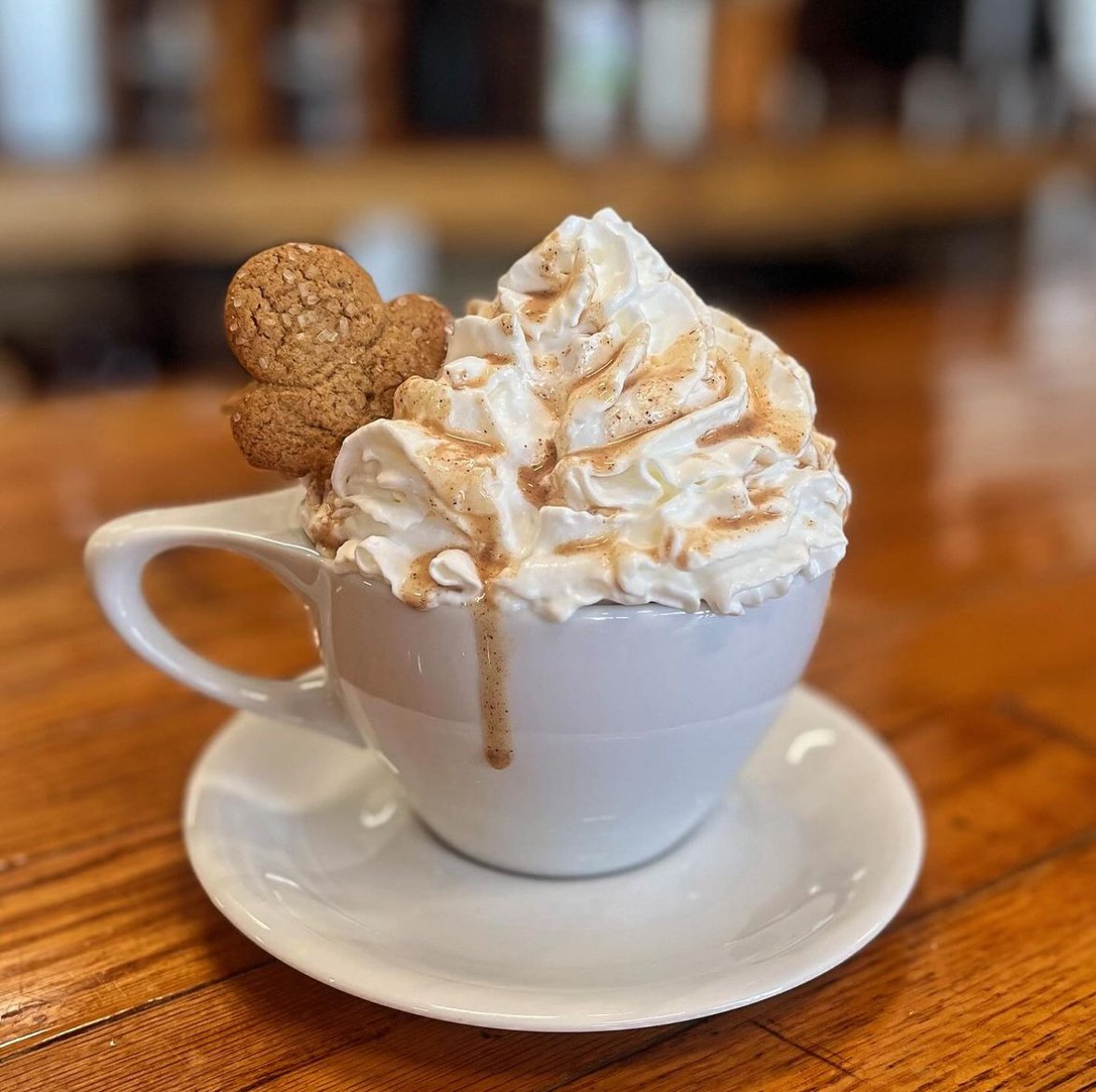 A white mug of hot chocolate topped with whipped cream, cinnamon, and two cookies, on a saucer on a wooden table.