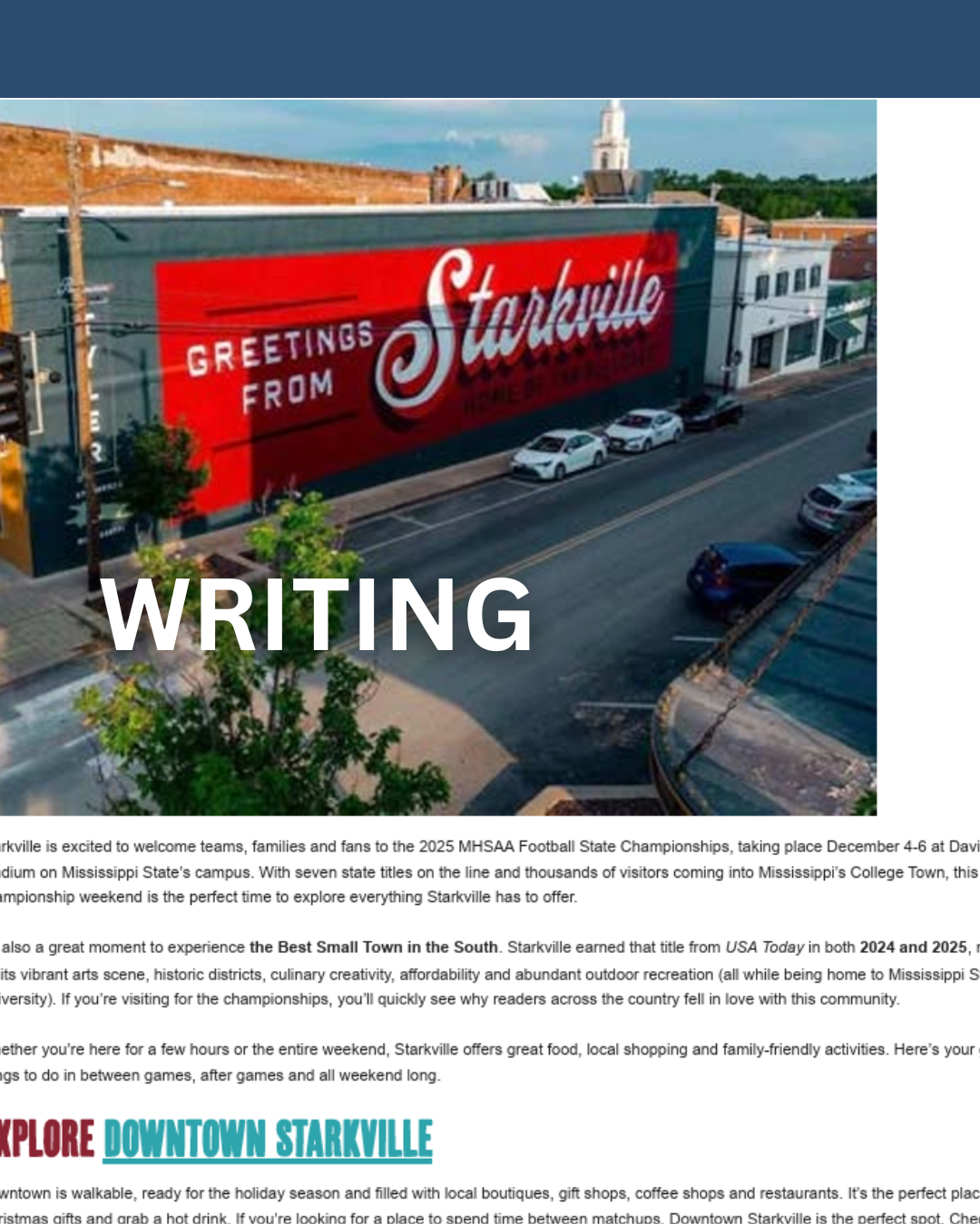 A large red and black mural on the side of a building in Starkville, Mississippi, reading "Greetings from Starkville." Parked cars line the street in front of the mural, with some trees and a clear blue sky visible.