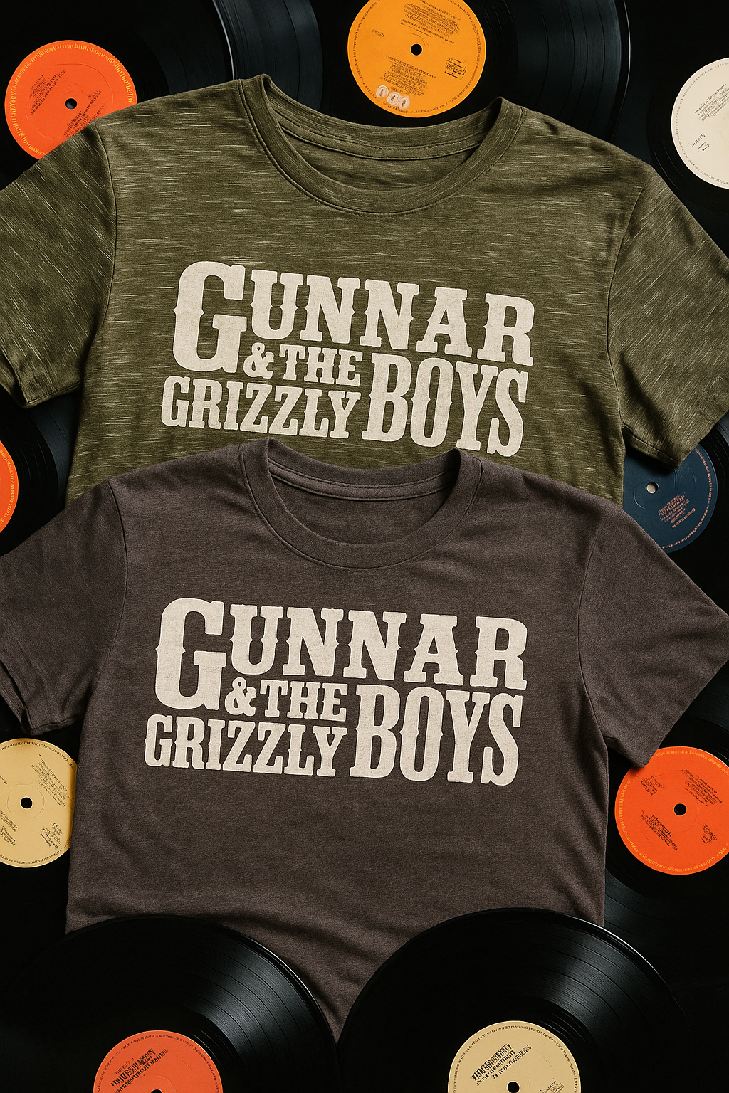Two vintage band t-shirts with the text "GUNNAR & THE GRIZZLY BOYS" placed on a background of vinyl records.