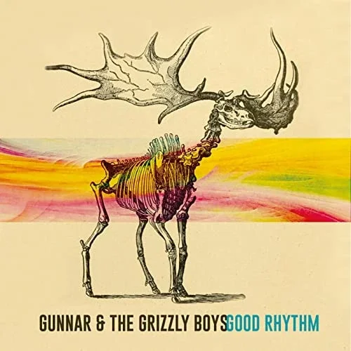 Abstract drawing of a creature with a deer's body and head, and large antlers, against a colorful background, representing album cover art for Gunnar & The Grizzly Boys' 'Good Rhythm.'