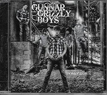 Cover of Guncar Grizzly Boys' album 'Homegrown' featuring five young men in casual clothing standing on urban stairs and sidewalk.