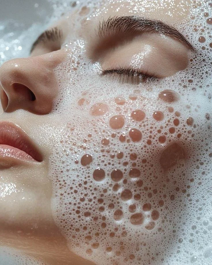 Un visage de femme avec les yeux fermés, subtilement recouvert de mousse blanche nettoyant son visage.