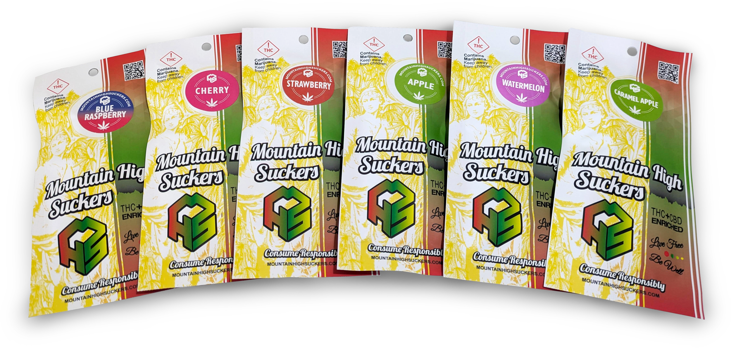 Six colorful packaging pouches of Mountain High Suckers, a THC and CBD-infused candy product, with flavors including blueberry raspberry, cherry, strawberry, apple, watermelon, and caramel apple, displayed on a black surface.