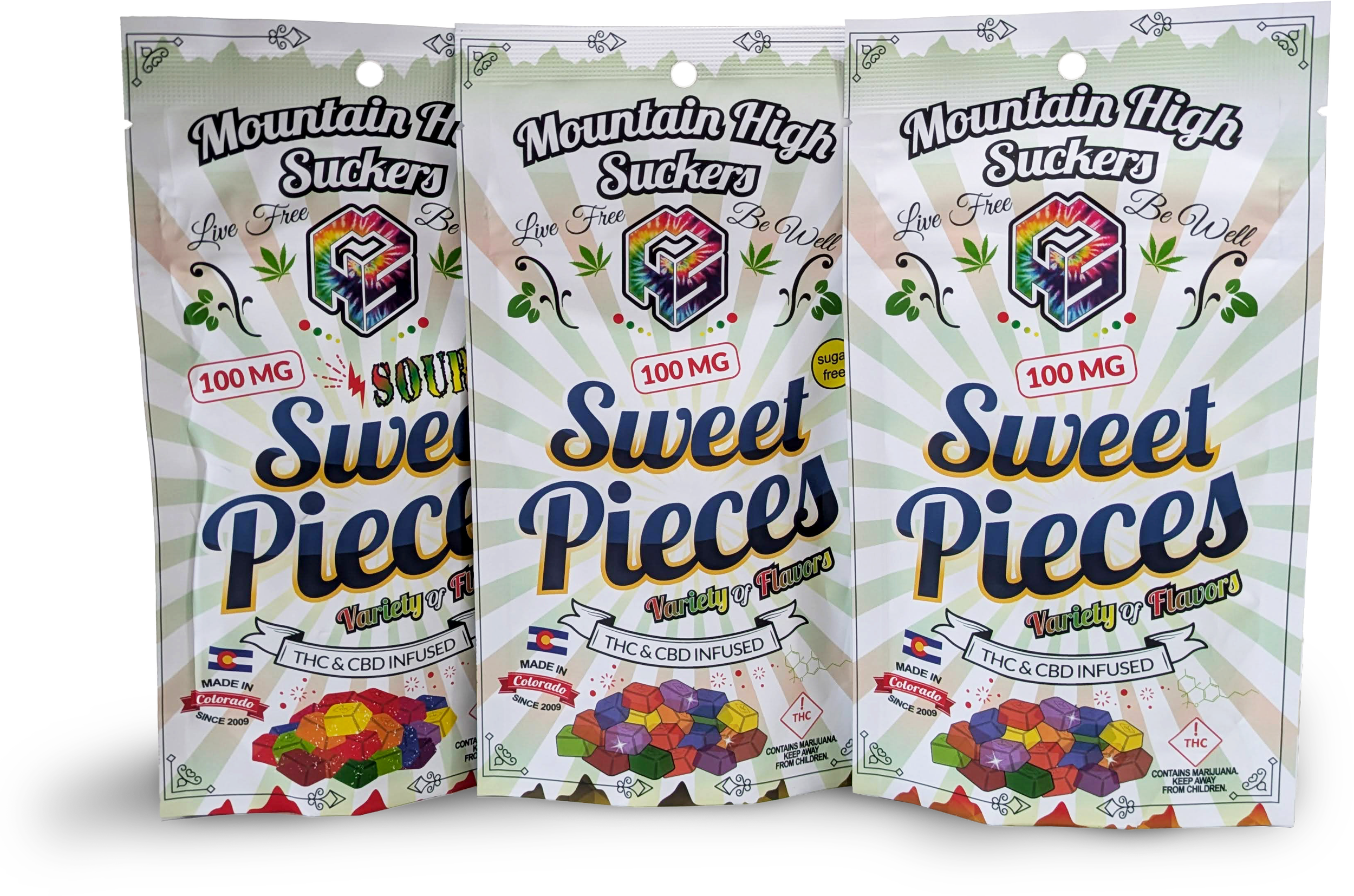 Three packages of Mountain High Suckers Sweet Pieces, THC and CBD infused candies, with colorful piece illustrations and marijuana leaf graphics, labeled as live free and be well, each containing 100mg of THC.