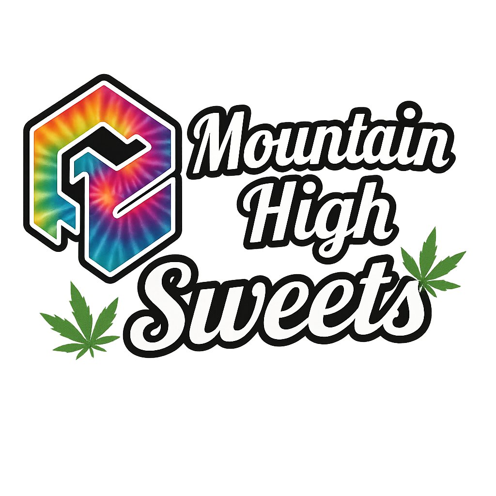 Logo for Mountain High Sweets featuring a colorful, tie-dye hexagon with a stylized number 3, alongside green cannabis leaves.