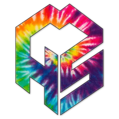 A geometric cube with a 3D outline, filled with a vibrant rainbow tie-dye pattern. Mountain High Sweets logo