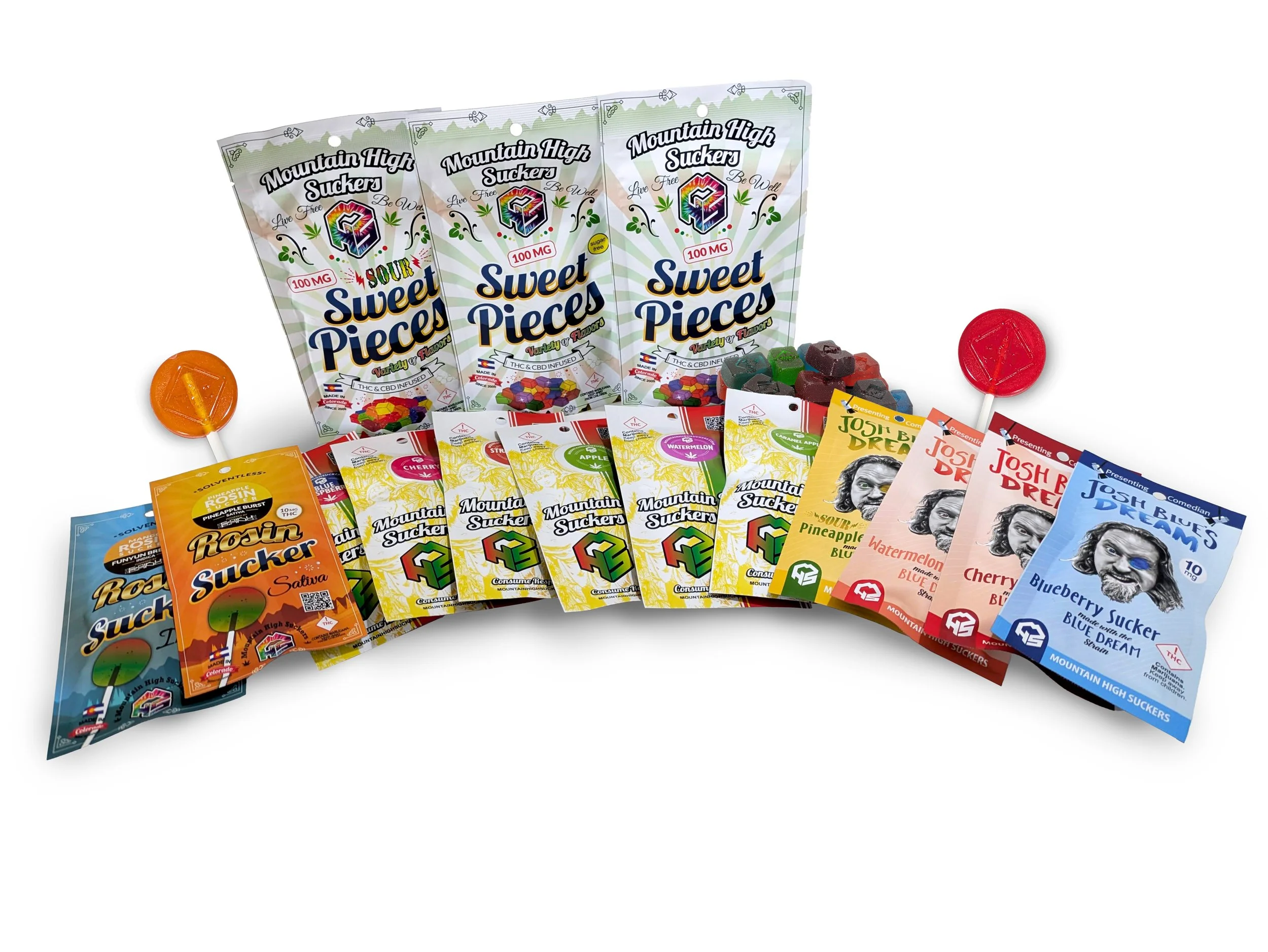 Assorted marijuana infused candies and edibles, sour and assorted sweet pieces, suckers, josh blue suckers