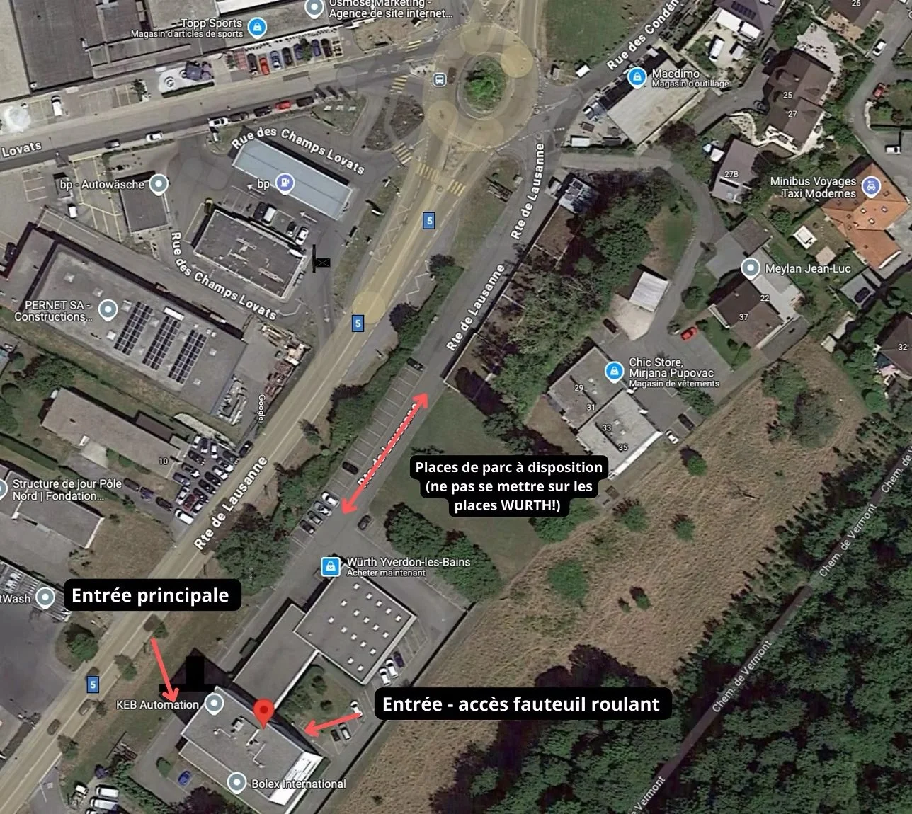 Carte aérienne montrant un itinéraire pour accéder à un parking avec des indications en français pour accéder à l'Atelier du Bien-Être à Yverdon.