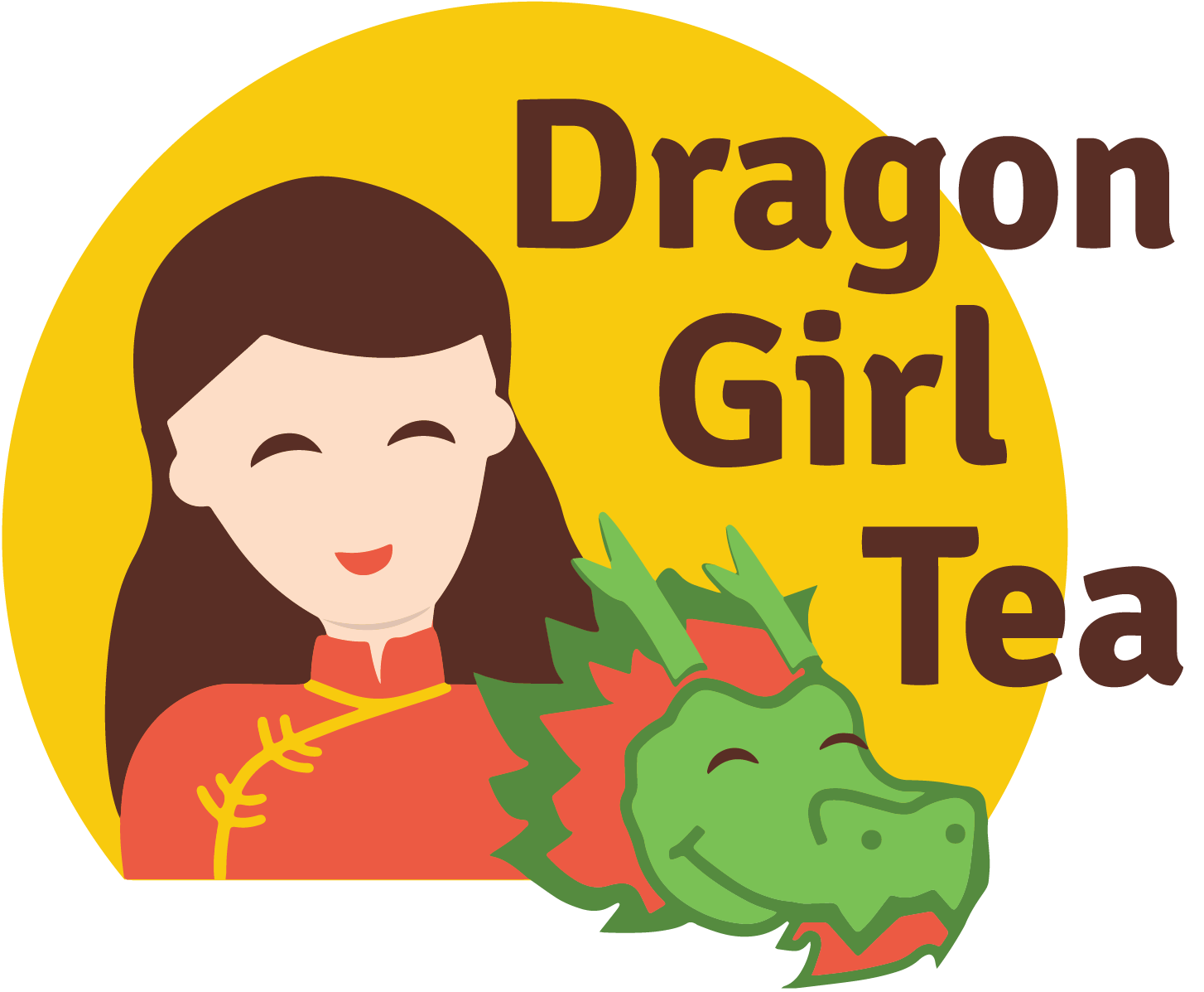 A cartoon girl with long brown hair smiling and wearing a red traditional Chinese dress, standing next to a cheerful green dragon head with red accents. Logo for Dragon Girl Tea, a client of Martyn Printing and Graphics