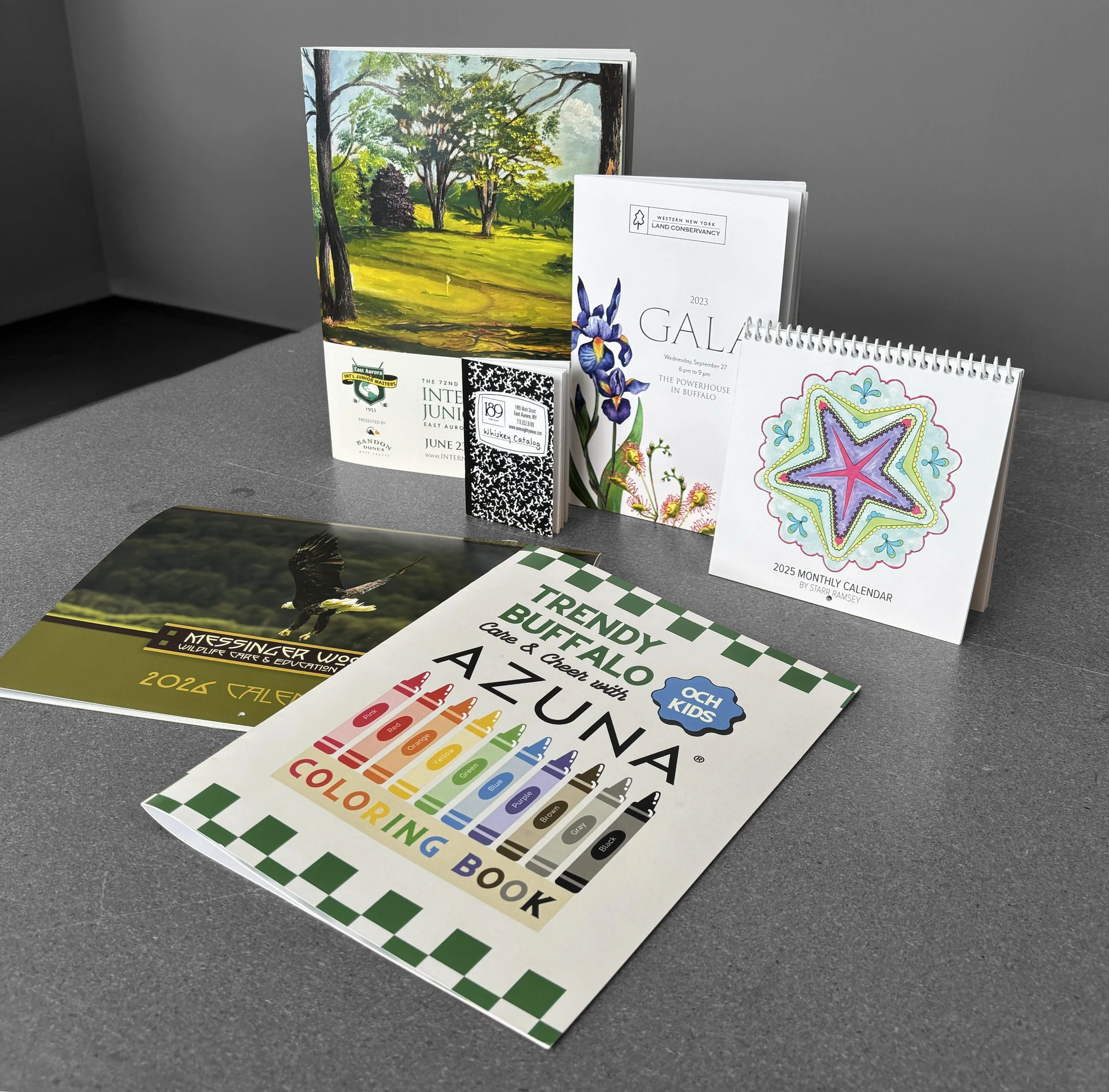 Assorted printed materials including calendars, a coloring book, a brochure, and cards arranged on a gray surface.