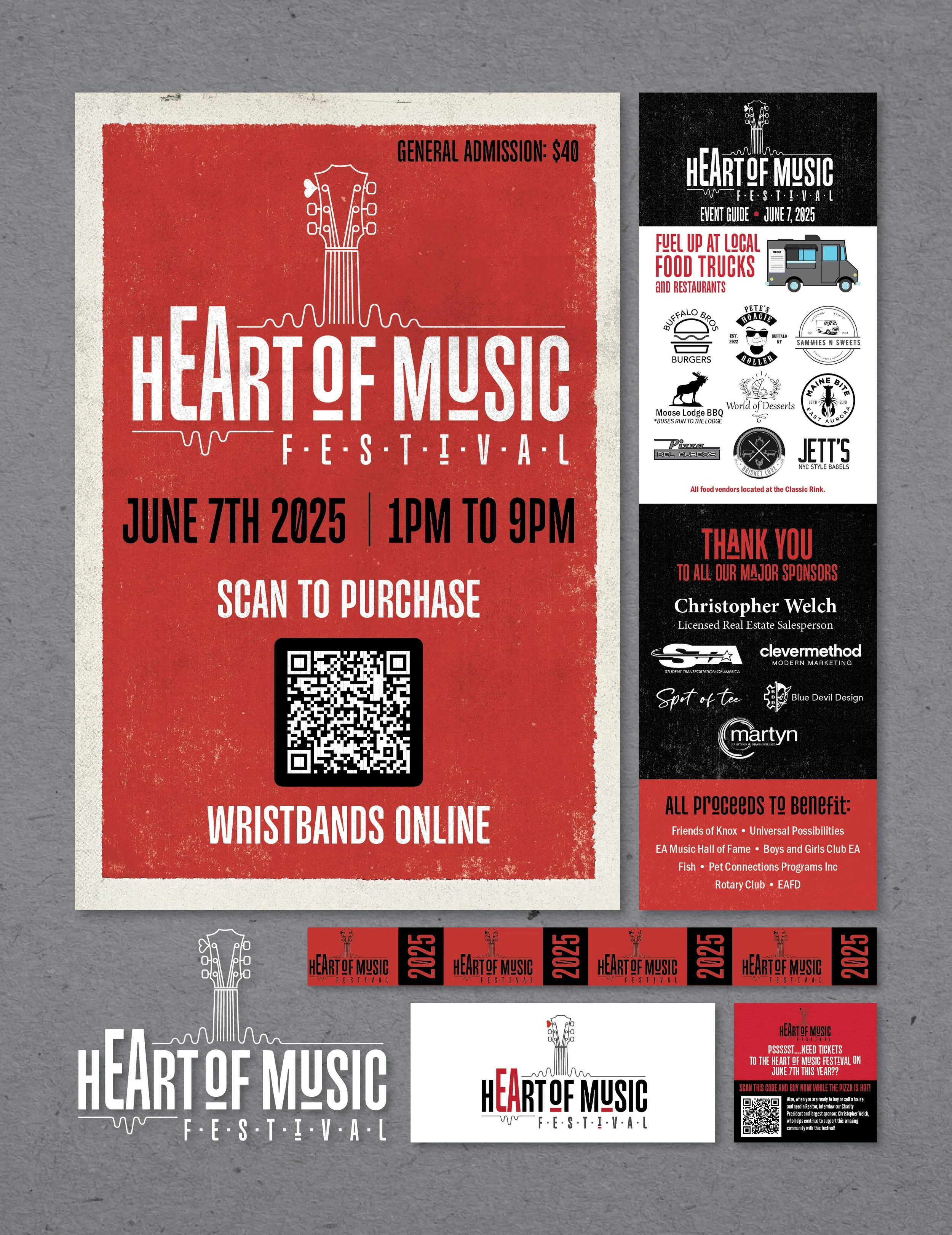 A complete re-brand of a local music festival named Heart of Music Festival. Including logo, event signage, event program, and wristbands.