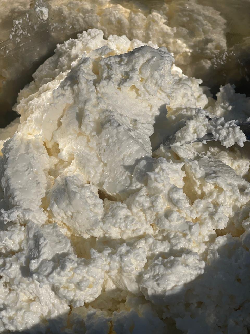 Close-up of crumbled white cheese, possibly ricotta or cottage cheese, in a metallic container.