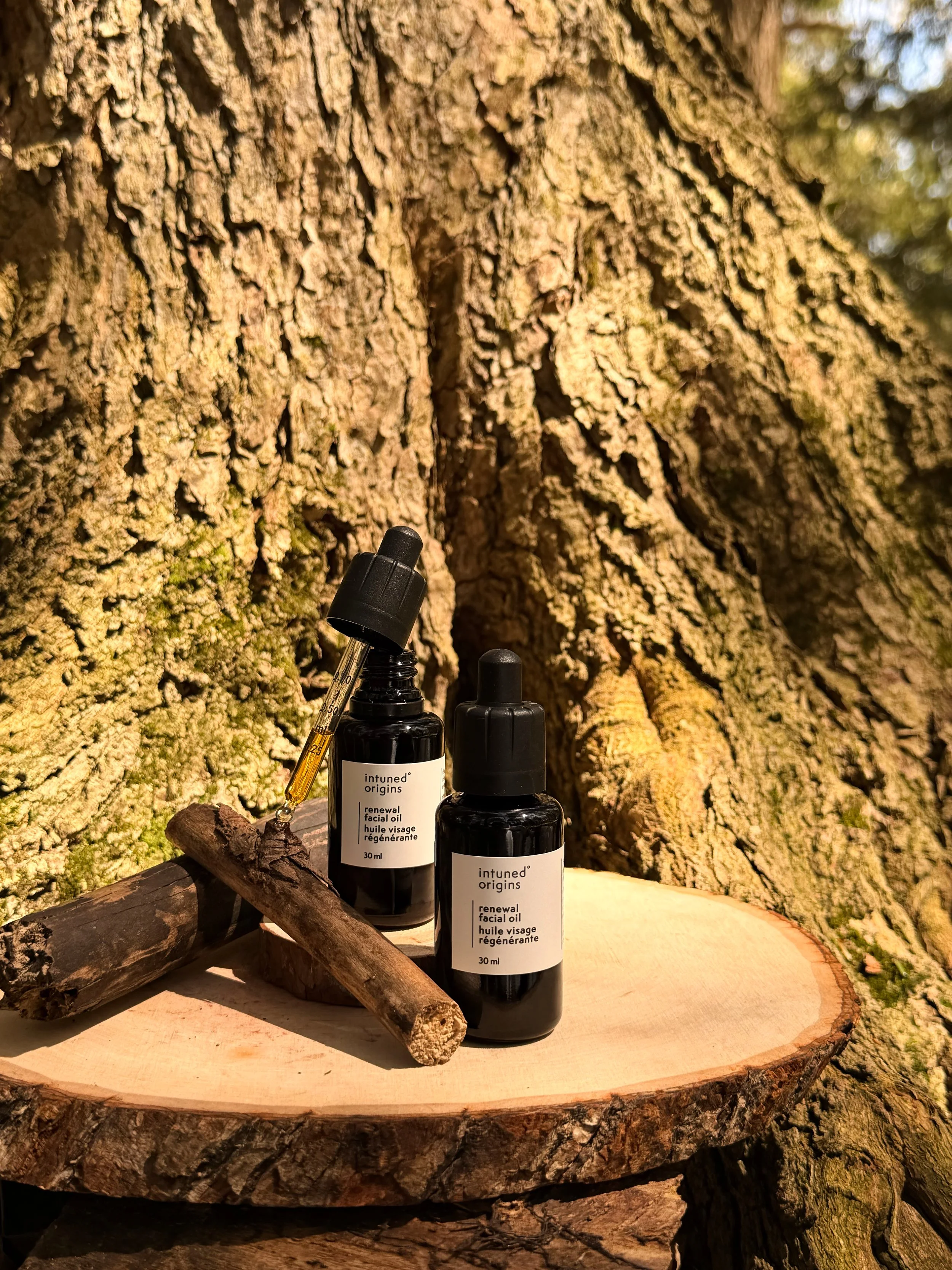 Close-up of two bottles of facial oil and a dropper on a wooden surface, with moss-covered tree trunk in the background.
