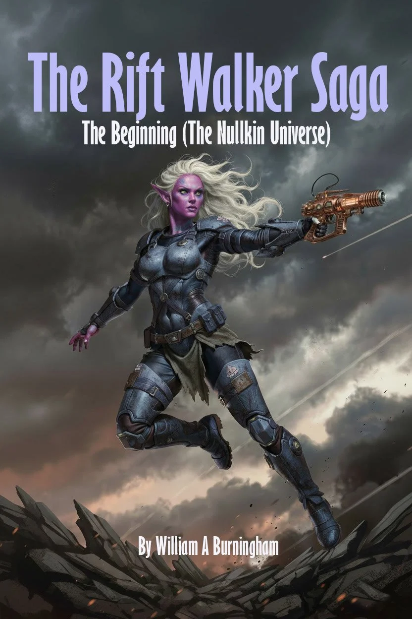 Fictional character with purple skin, long white hair, armored suit, and high-tech gun, jumping over debris with stormy sky in background. Book cover titled "The Rift Walker Saga: The Beginning (The Nullkin Universe)" by William A Burningham.