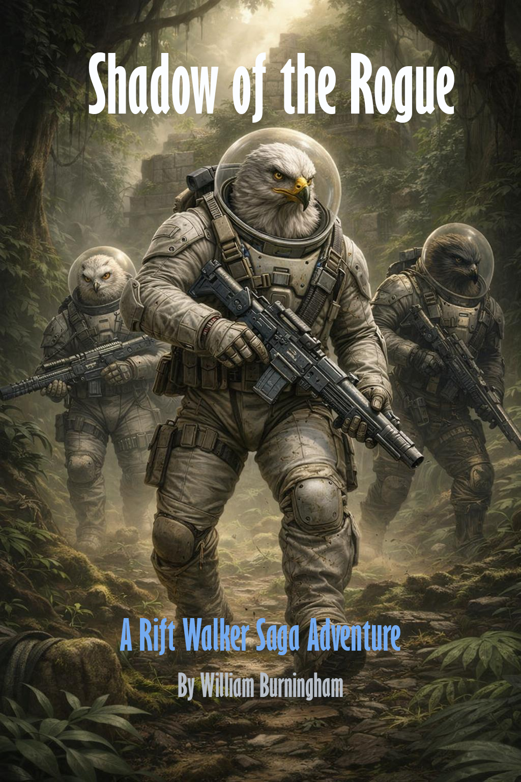Futuristic soldiers with animal heads, dressed in combat gear, walking through a dense jungle with ruins in the background. The title reads 'Shadow of the Rogue' and mentions 'A Rift Walker Saga Adventure' by William Burningham.