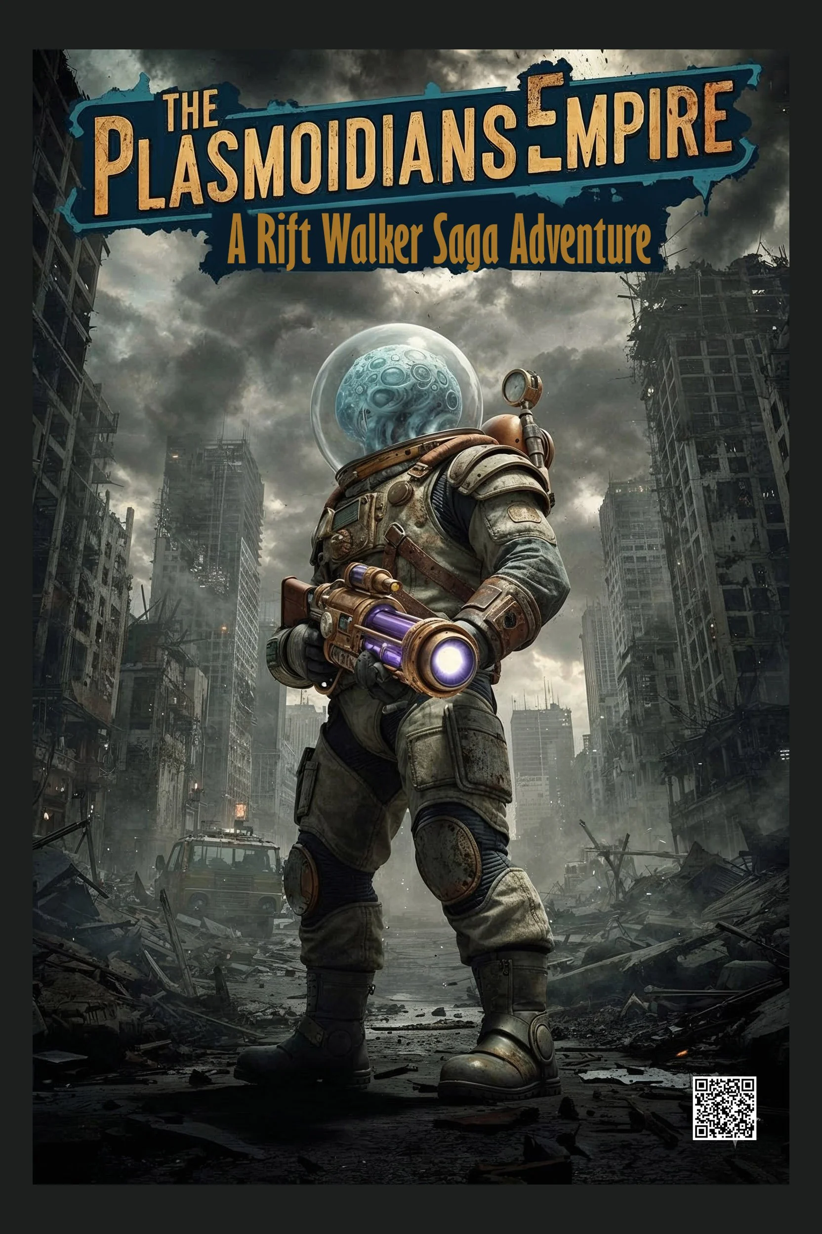 Futuristic soldier with a glass-domed helmet, holding a sci-fi weapon, standing in a ruined city.