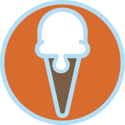 Ice cream cone with a scoop on top in a circular emblem with an orange background.