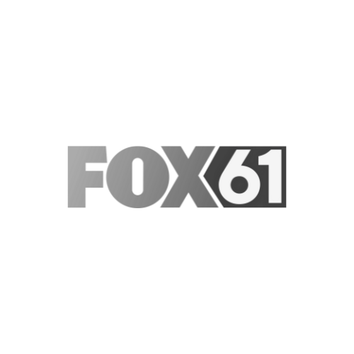Close-up of the Fox 61 television station logo in black and gray.