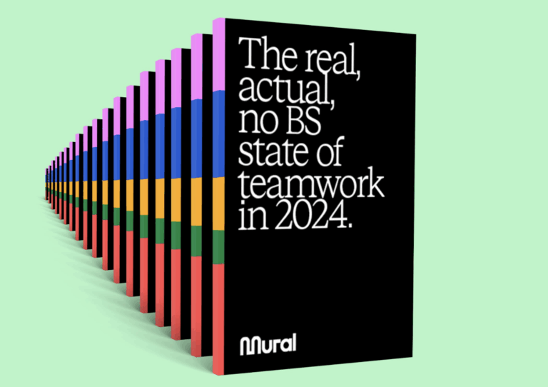 A row of colorful books with a black cover book in the foreground displaying the text: "The real, actual, no BS state of teamwork in 2024." The books are arranged in a diagonal line on a light green background.