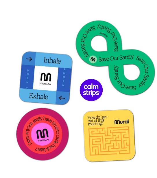 Collection of colorful mindfulness and stress relief items, including a green infinity symbol with 'Save Our Sanity' repeatedly, a blue square with 'Inhale' and 'Exhale' directions, a purple circle labeled 'calm strips,' a red circle with a message a