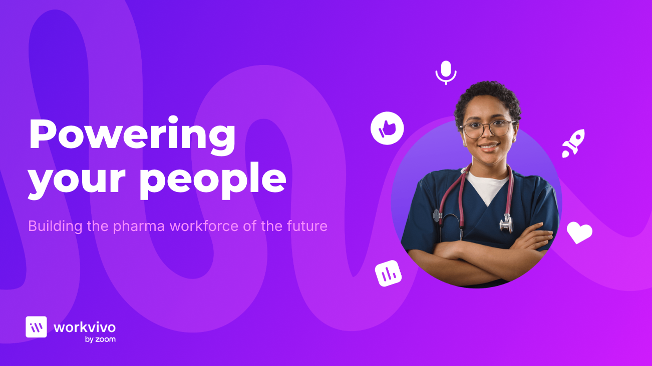 The cover of a presentation entitled "Powering your people." A doctor stands with their arms crossed, surrounded by icons from the Workvivo platform.