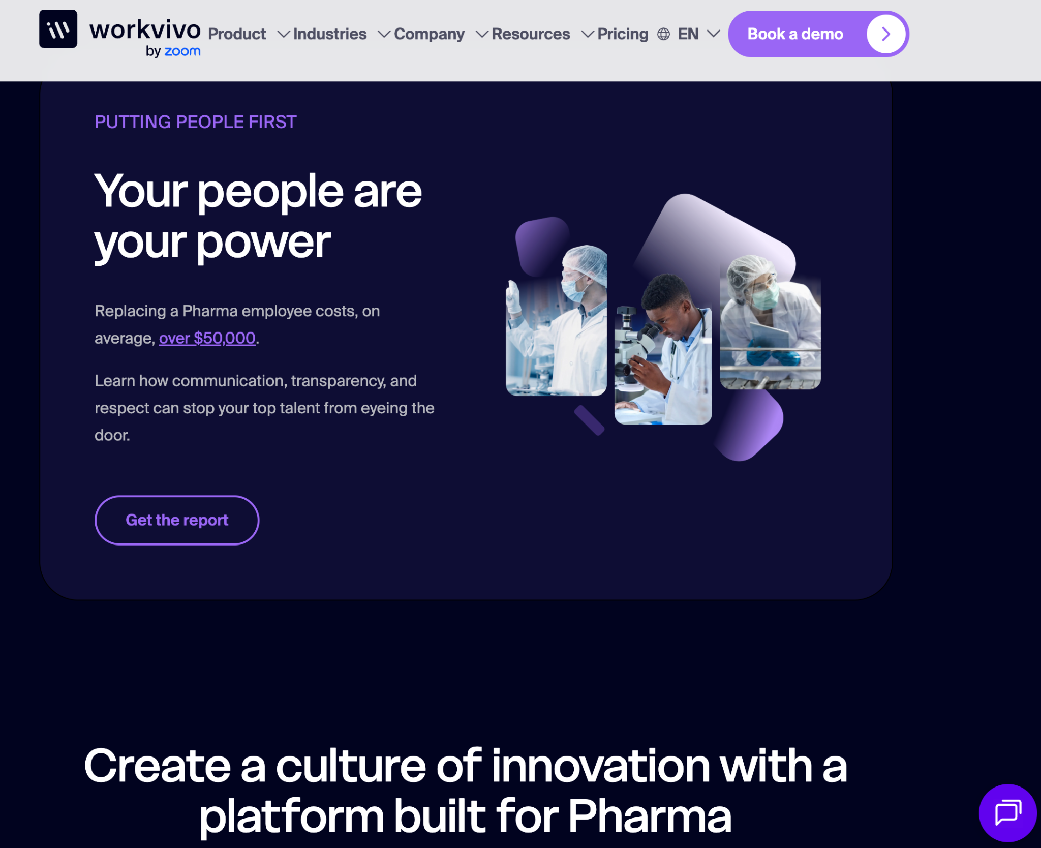 A webpage with the headline "Your people are your power." At the bottom of the page, it reads "Create a culture of innovation with a platform built for Pharma." 