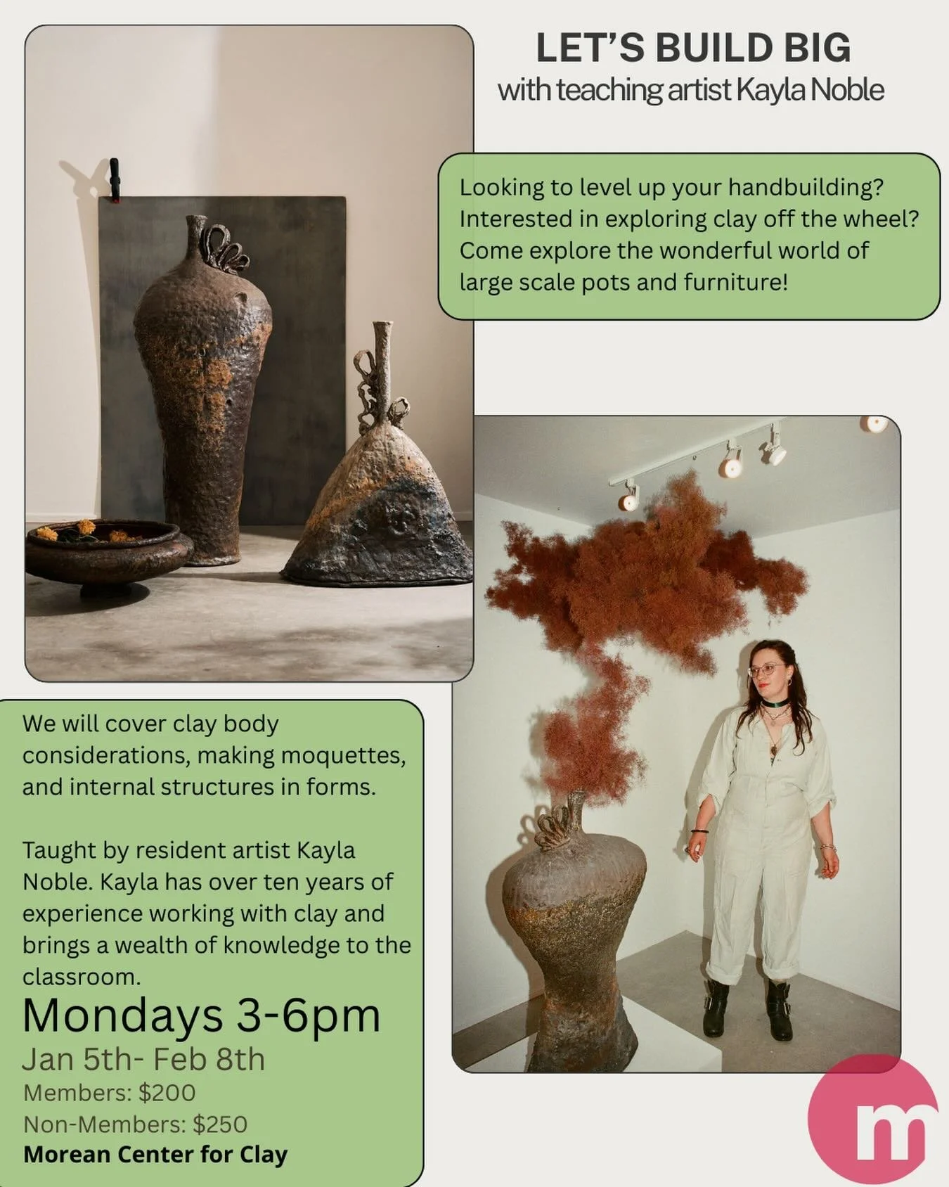 Hey yall!! Don&rsquo;t miss the second run of Kayla&rsquo;s hand building class! Level up your handbuilding with resident artist Kayla Noble

@moreancenterforclay 
@moreanartscenter