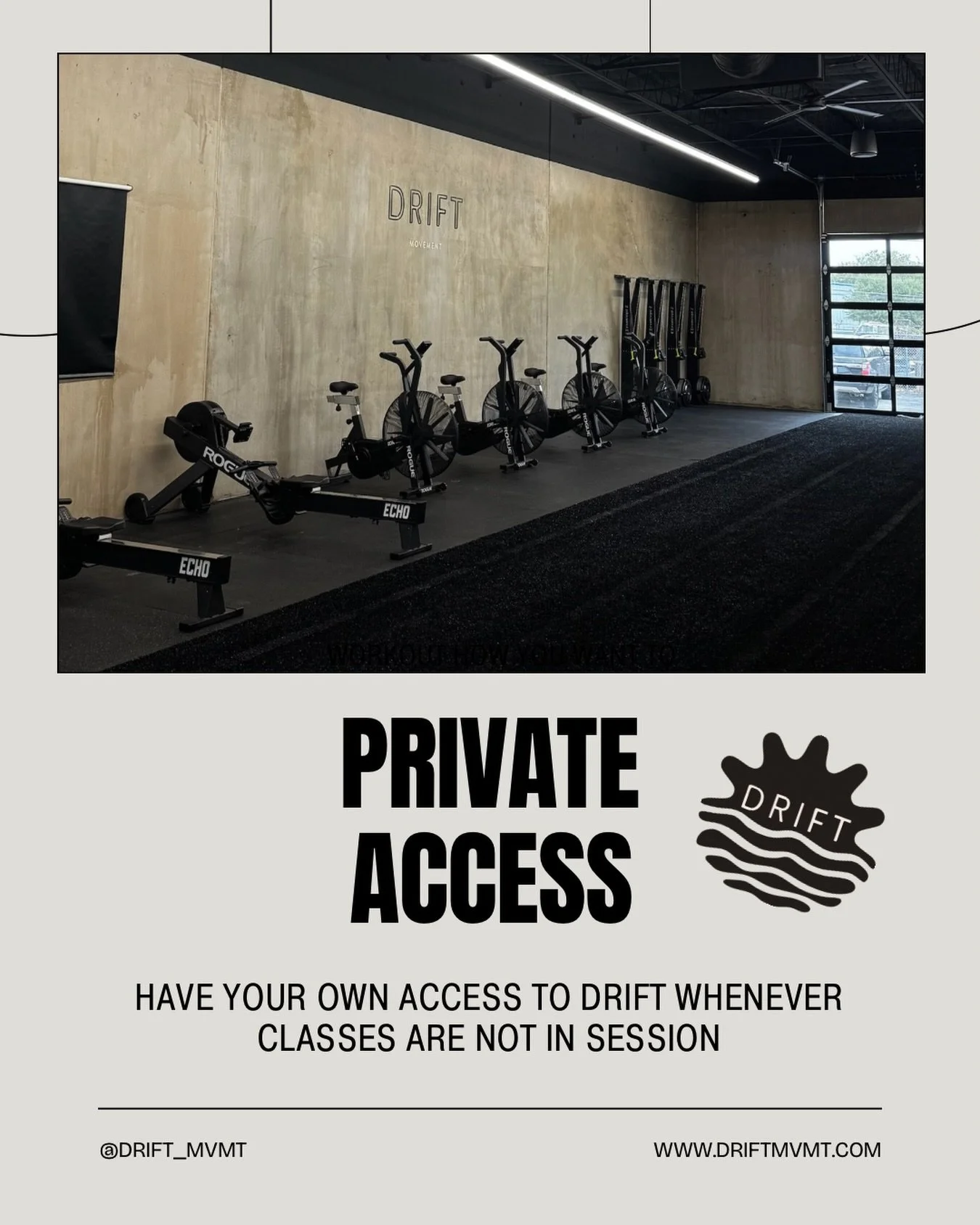 Thinking about joining but also want to do your own thing? Join our private access membership for just $80, where you get full access to the Drift equipment whenever classes are not in session! 

#gym #motivation #fitness #exercise #gymmembership