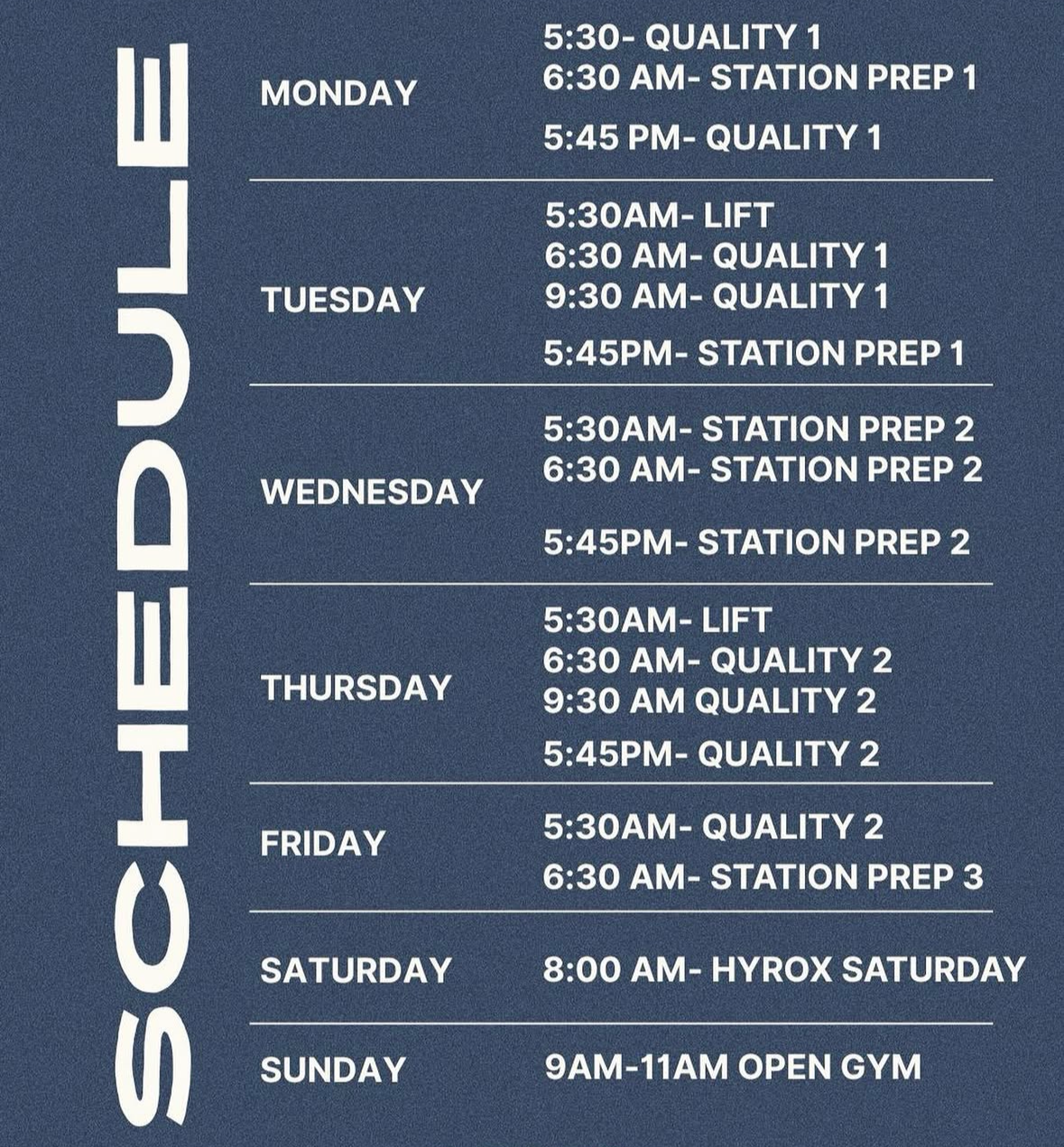 Weekly schedule for a gym or fitness center, listing days from Monday to Sunday with specific time slots for different classes or activities, including quality assessments, station preparations, lifts, and gym hours.