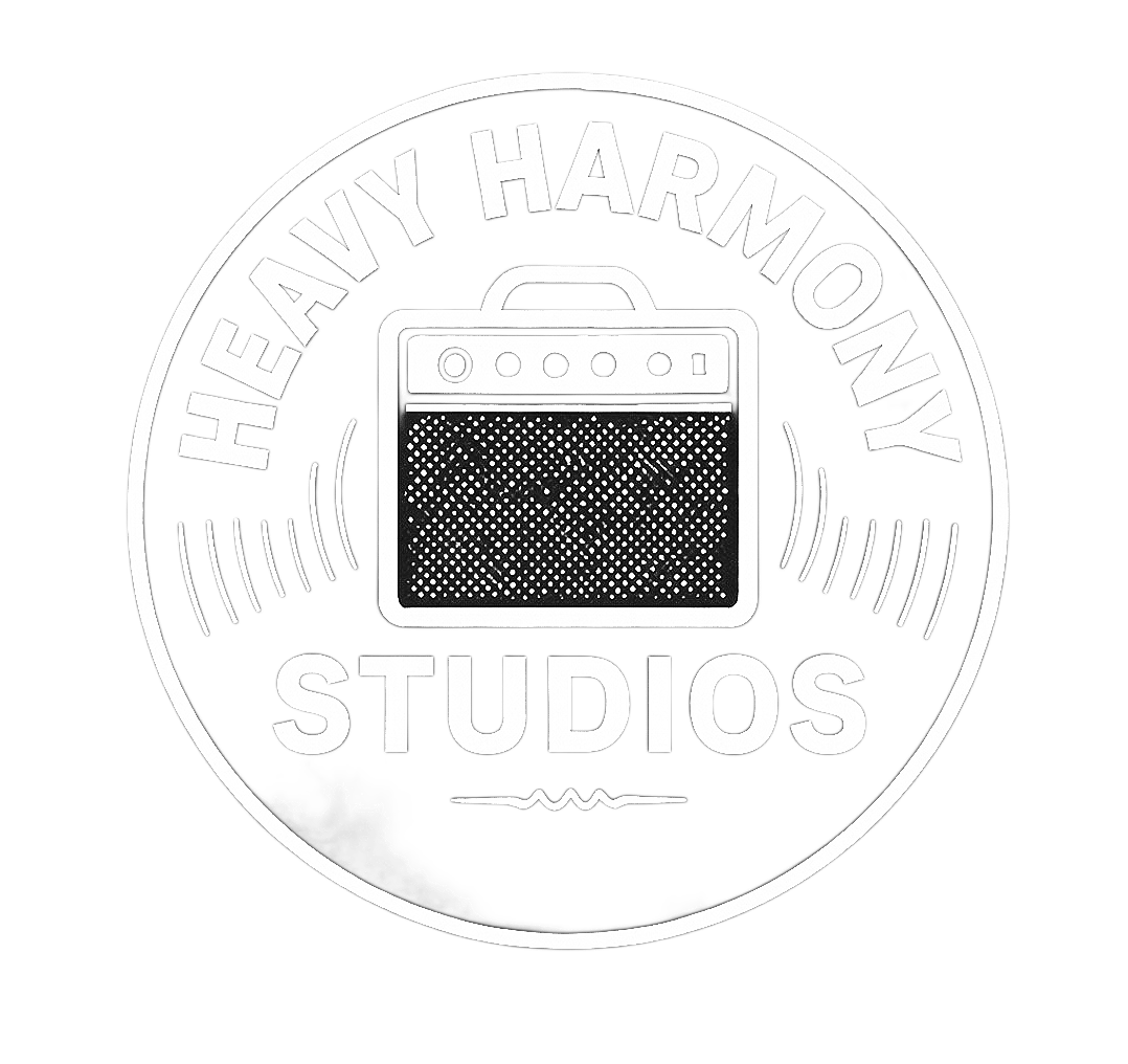Logo of Heavy Harmony Studios featuring a guitar amplifier in the center and text surrounding it.