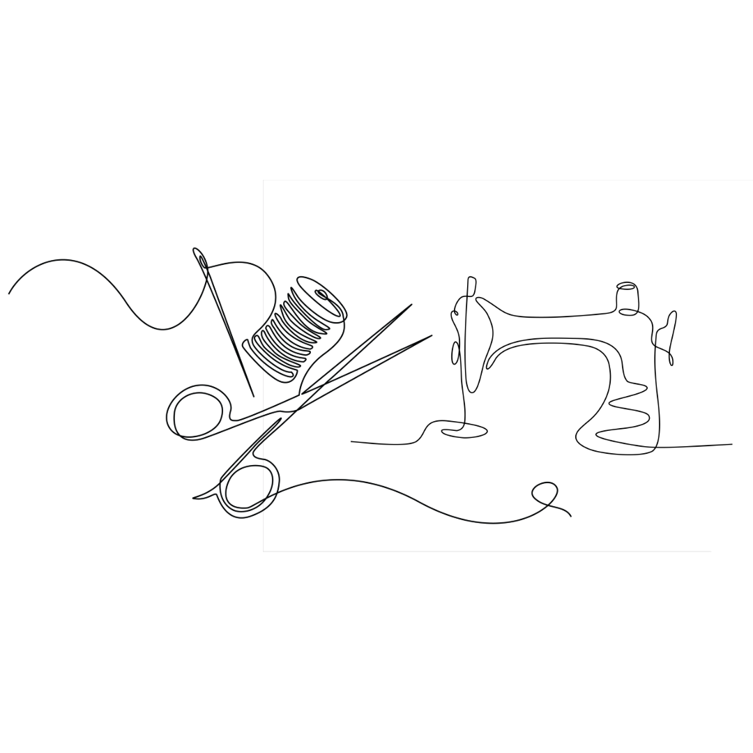 Line drawing of sewing tools including a spool of thread, scissors, sewing needle, and pin on a black background.