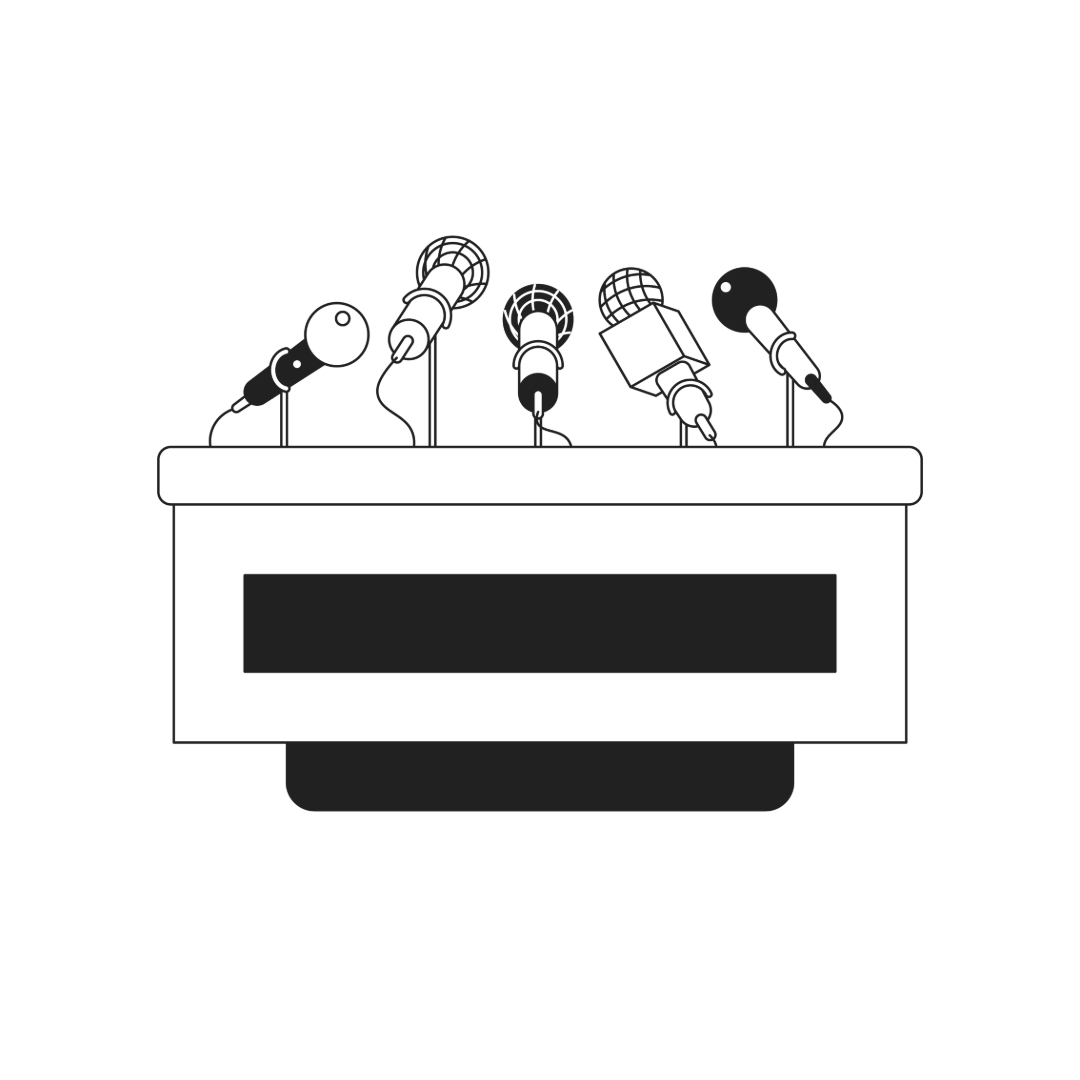 Black and white illustration of a row of five microphones on a podium.