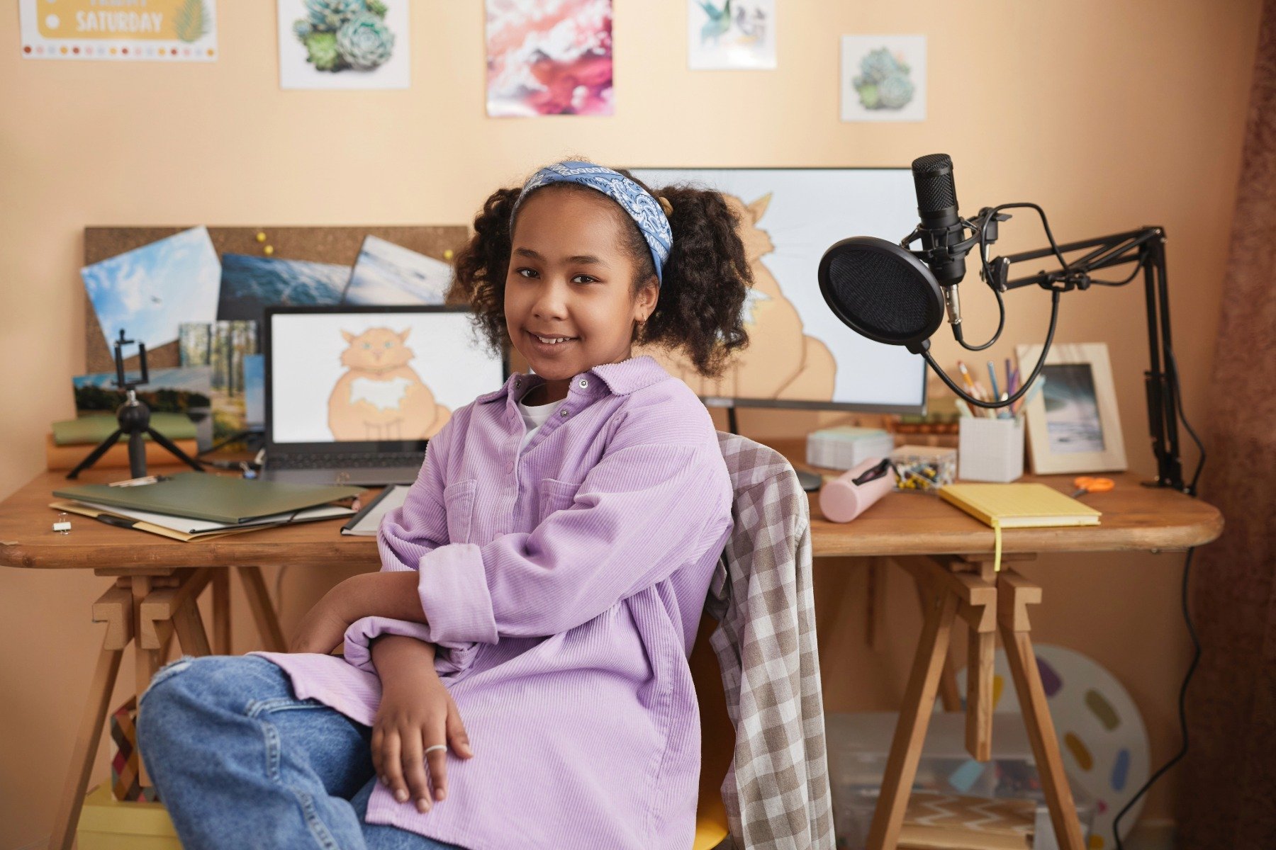 A young girl with curly hair and a headband sitting in a home studio. Behind her is a desk with dual monitors, a laptop, and a microphone on a boom arm. The wall above the desk features artwork, including a cat drawing on the monitor and paintings of cacti. The girl is smiling and wearing a purple shirt and blue jeans.