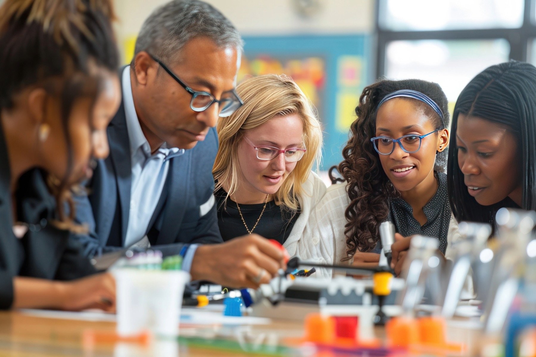 Group of adults working on a science experiment or project at a table in a classroom.