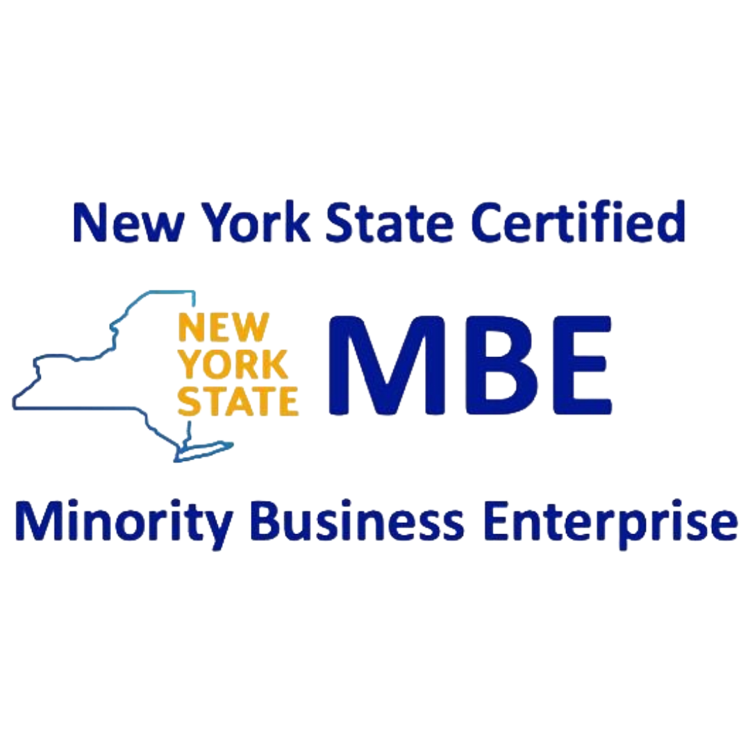 Map of New York State with overlaid text indicating "New York State Certified MBE Minority Business Enterprise" in bold blue and yellow font.