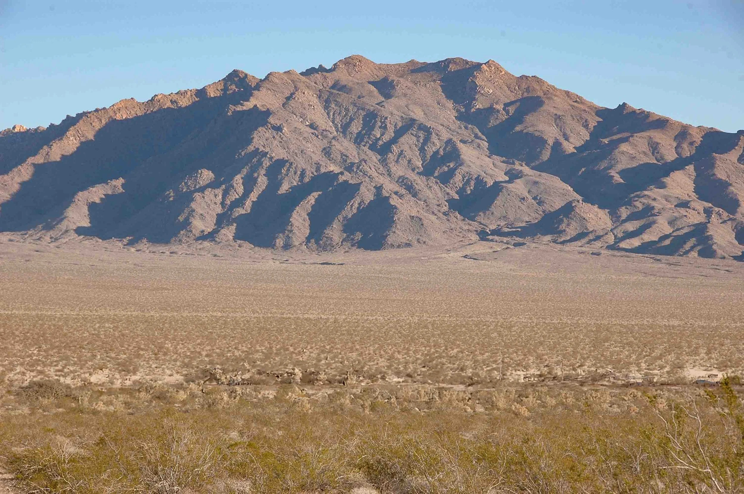 A desert landscape with sparse vegetation in the foreground and a large mountain range in the background under a clear blue sky.