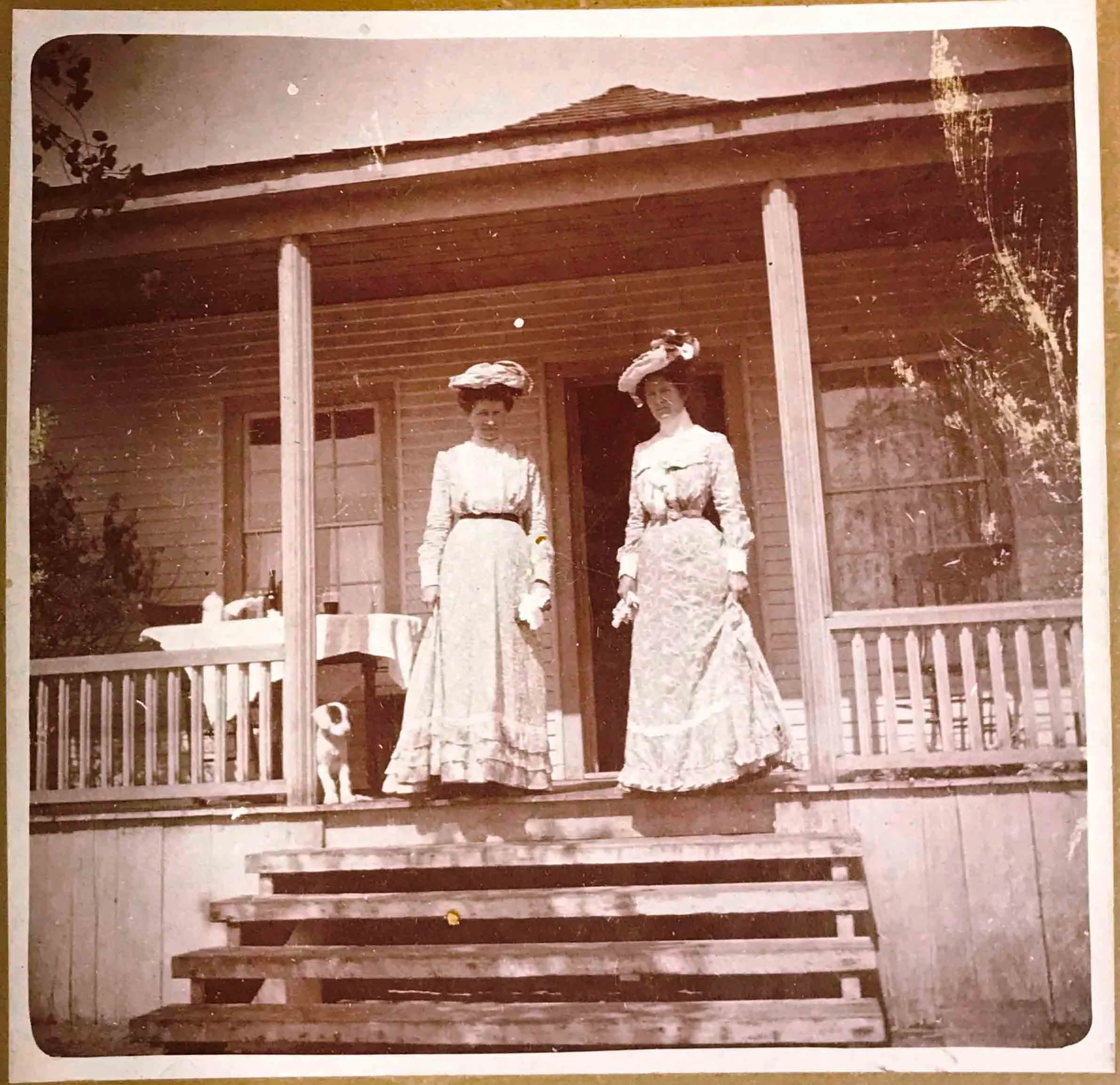Mrs. J.A. McNeil and Mrs. J. Haynes with a young puppy on the front porch of their home in Bagdad, 1903.
