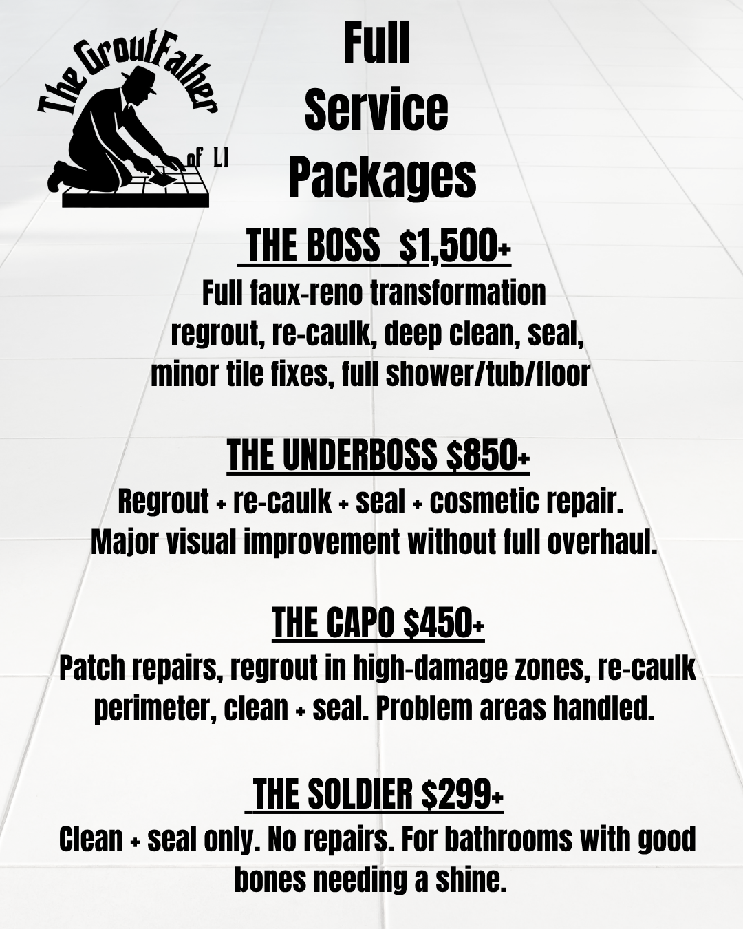 A sign advertising full bathroom renovation packages, including services like regrout, re-caulk, sealing, and cosmetic repairs, with prices ranging from $299 to over $1500.