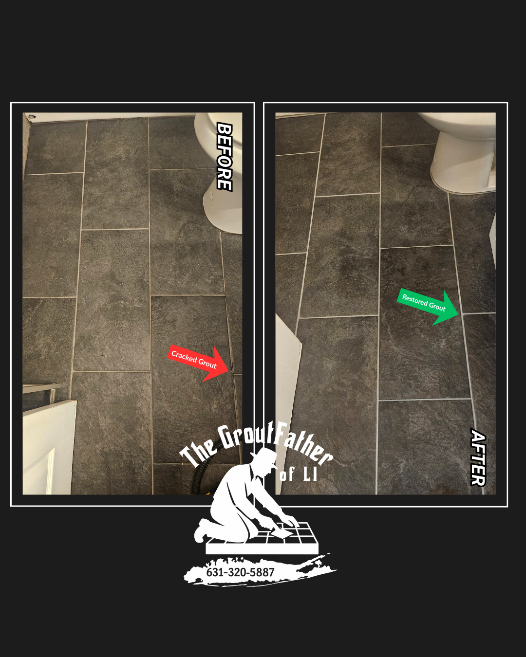 Comparison of a bathroom floor with cracked grout on the left labeled 'Before' and restored grout on the right labeled 'After'