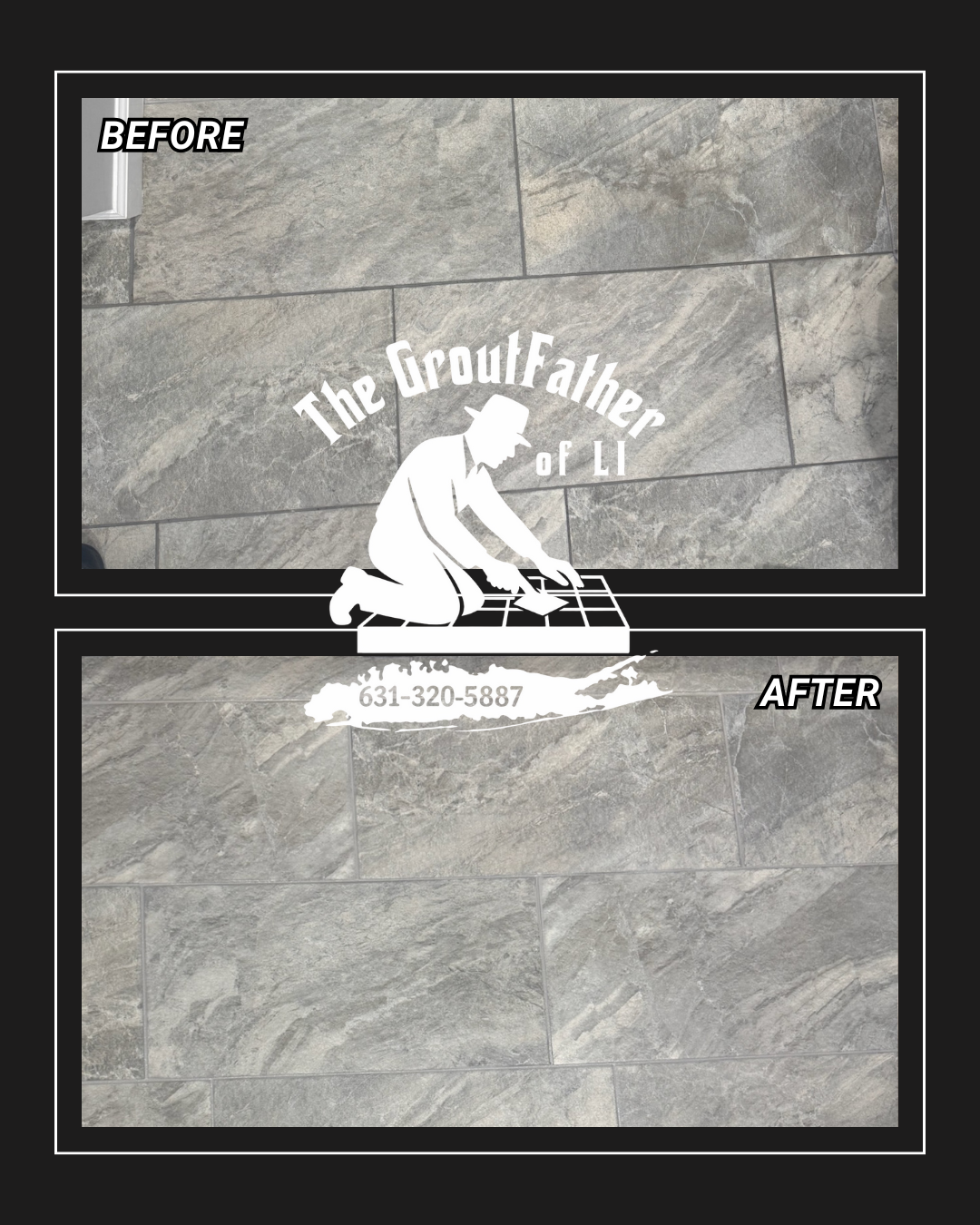 Comparison of a bathroom floor with cracked grout on the left labeled 'Before' and restored grout on the right labeled 'After'
