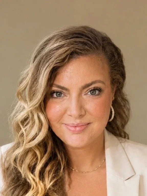Close-up portrait of a young woman with wavy blonde hair, blue eyes, and light makeup, wearing a white blazer, hoop earrings, and a gold necklace against a neutral background.